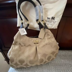 NEW Coach Mad Maggie Khaki/Mahogany Lizard Leather/Monogram Canvas Bag